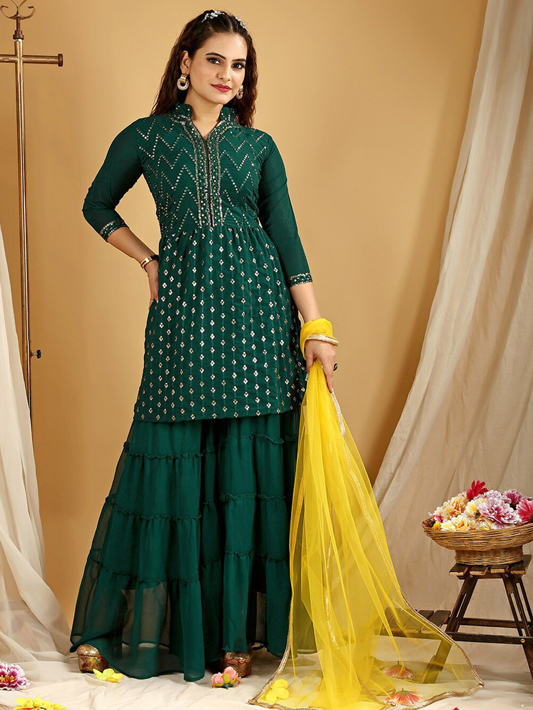 

KALINI Ethnic Motifs Embroidered Sequinned A-Line Kurta & Sharara With Dupatta, Green