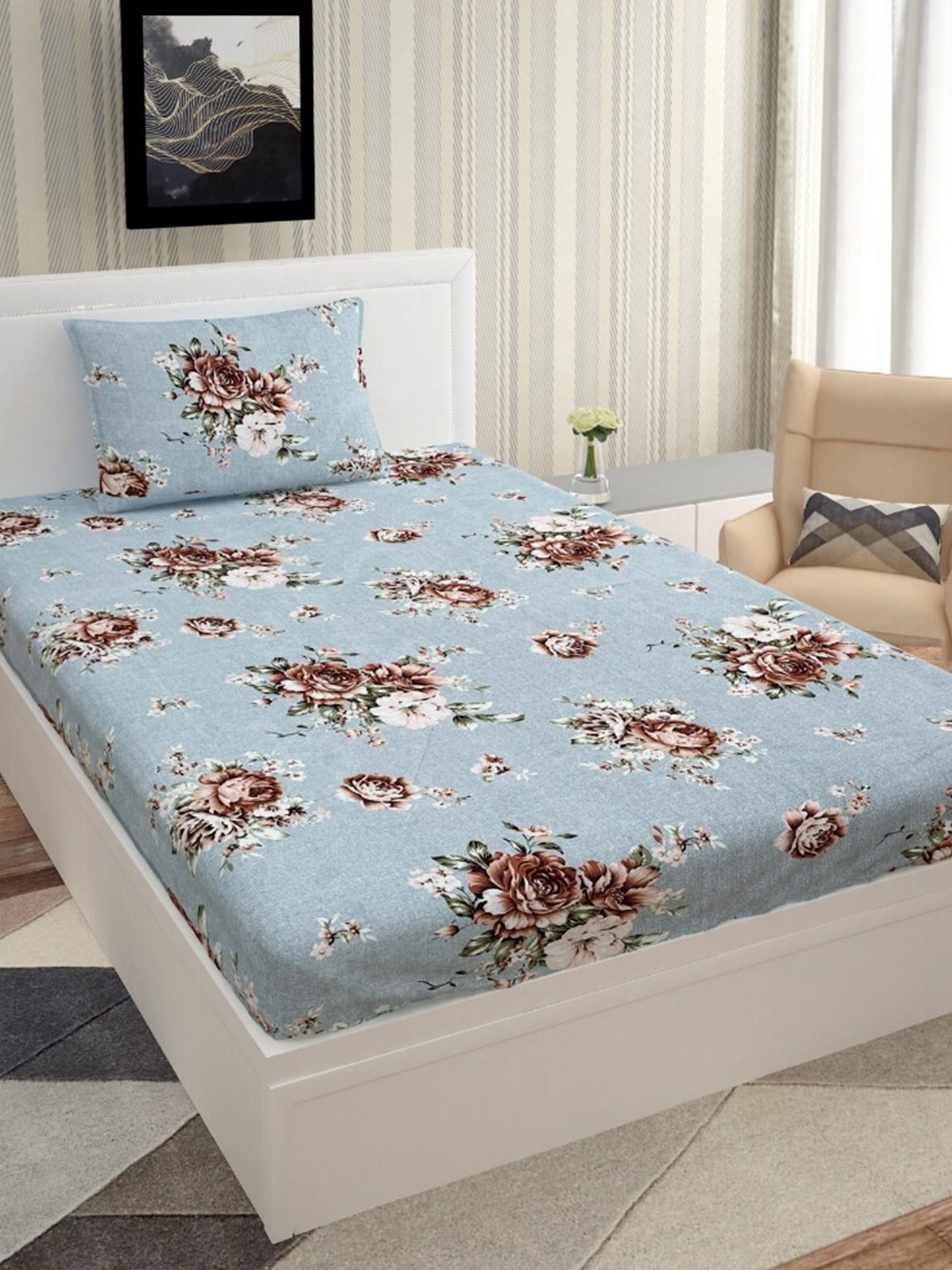 

Urban Magic Blue Floral Printed Microfiber Single Bedsheet with 1 Pillow Cover