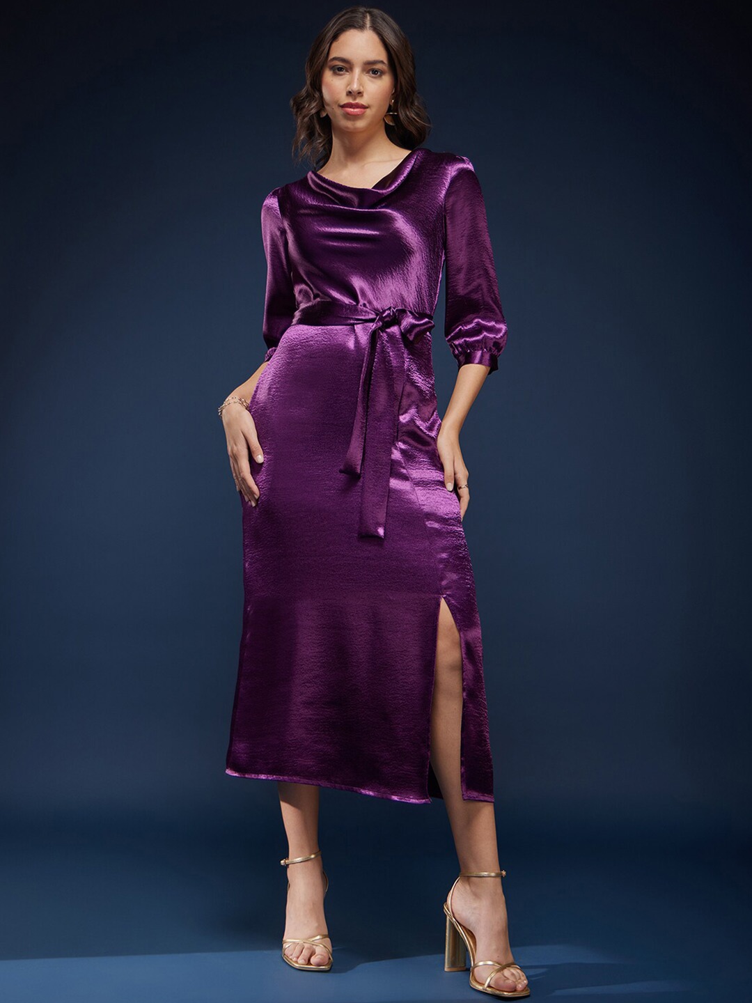 

FableStreet Cowl Neck Puff Sleeves A-Line Midi Dress, Purple