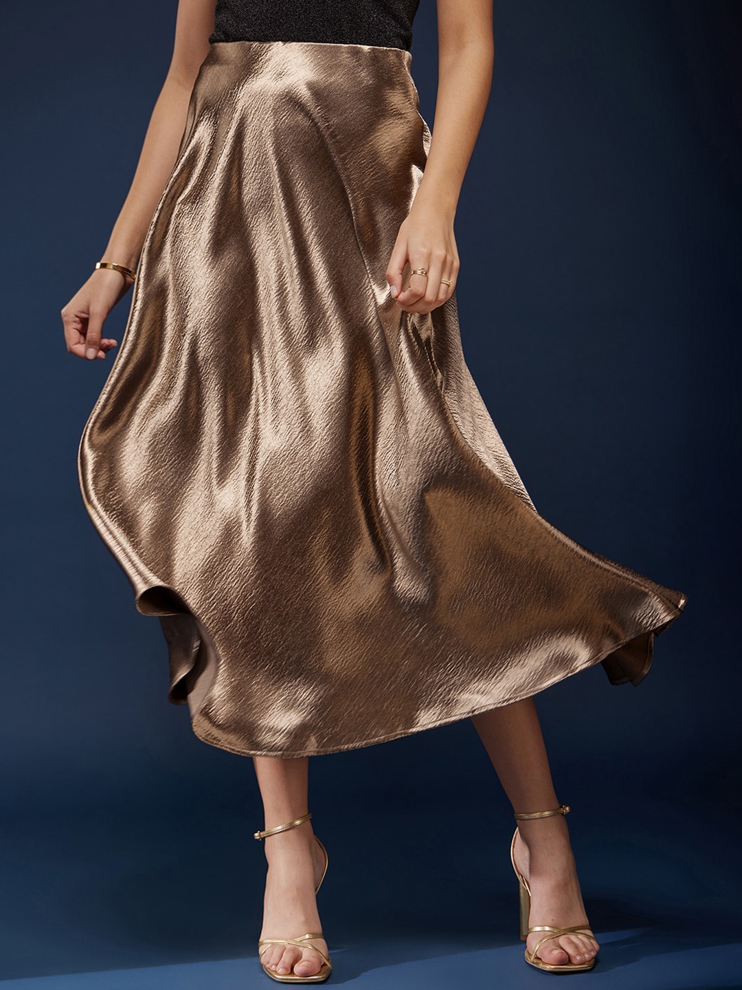

FableStreet Flared Satin A-line Midi Skirt, Brown