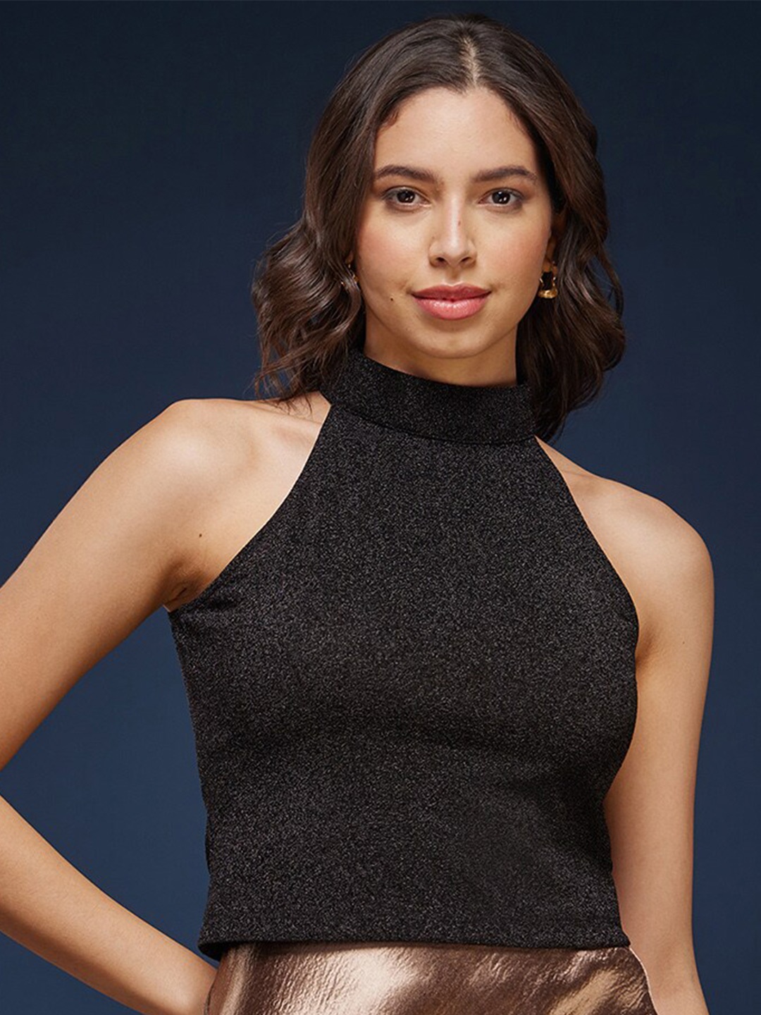 

FableStreet High Neck Sleeveless Regular Crop Top, Black