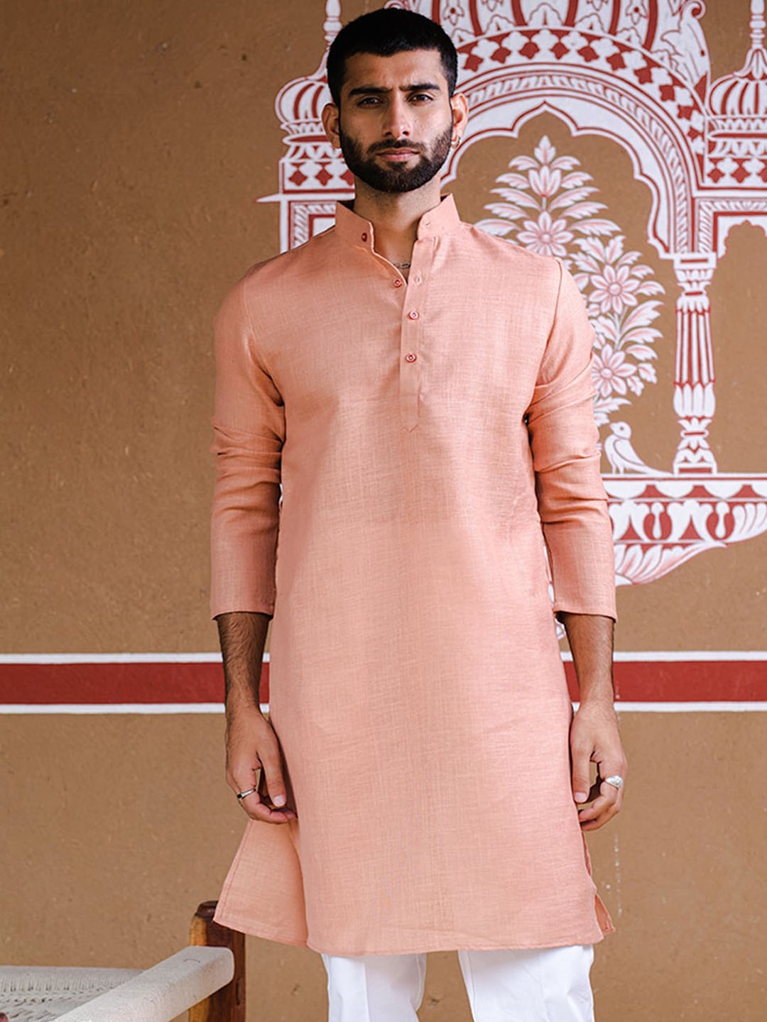 

Tistabene Mandarin Collar Jacquard Linen Straight Kurta, Pink