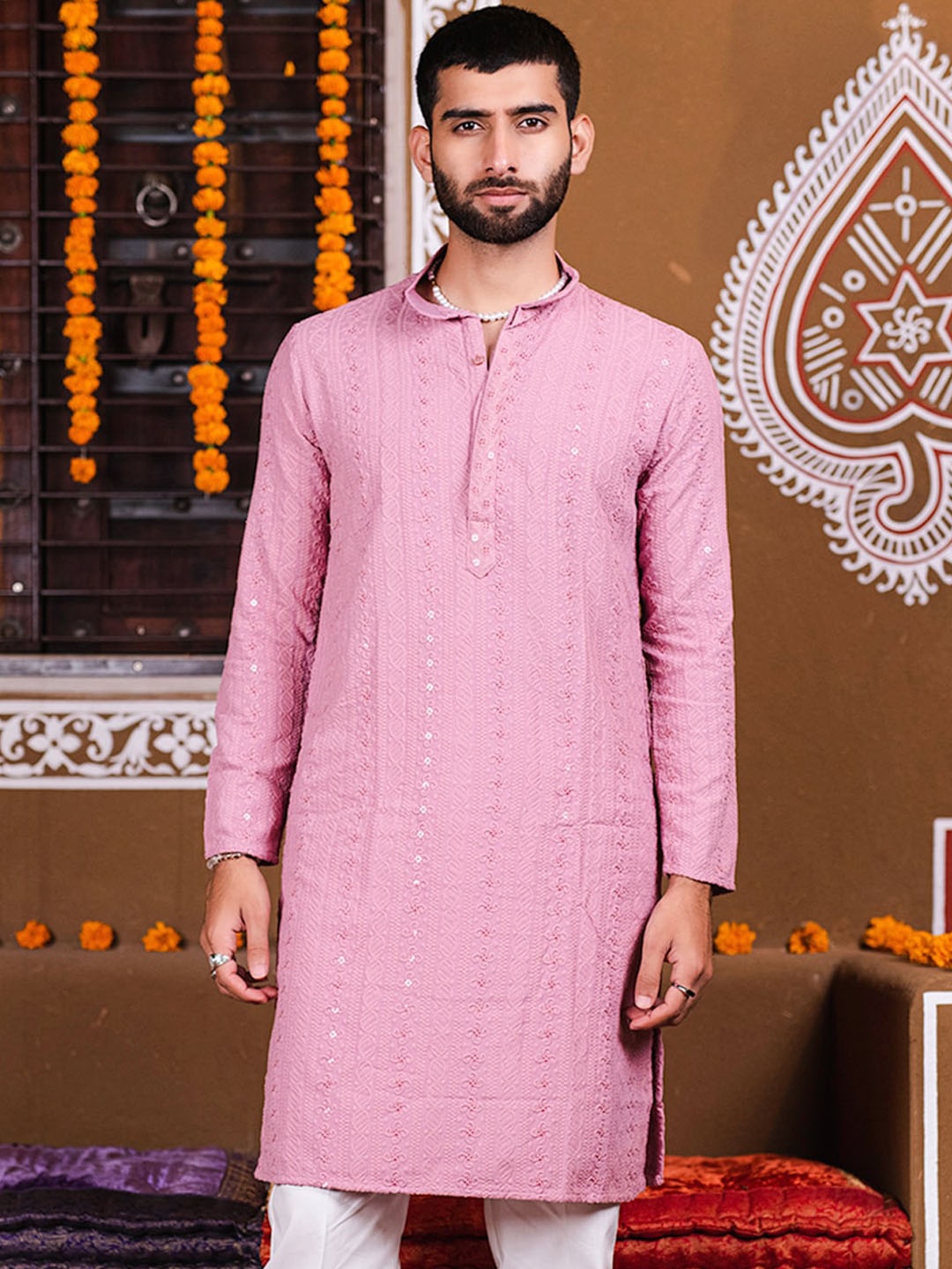 

Tistabene Ethnic Motifs Embroidered Chikankari Jacquard Kurta, Pink