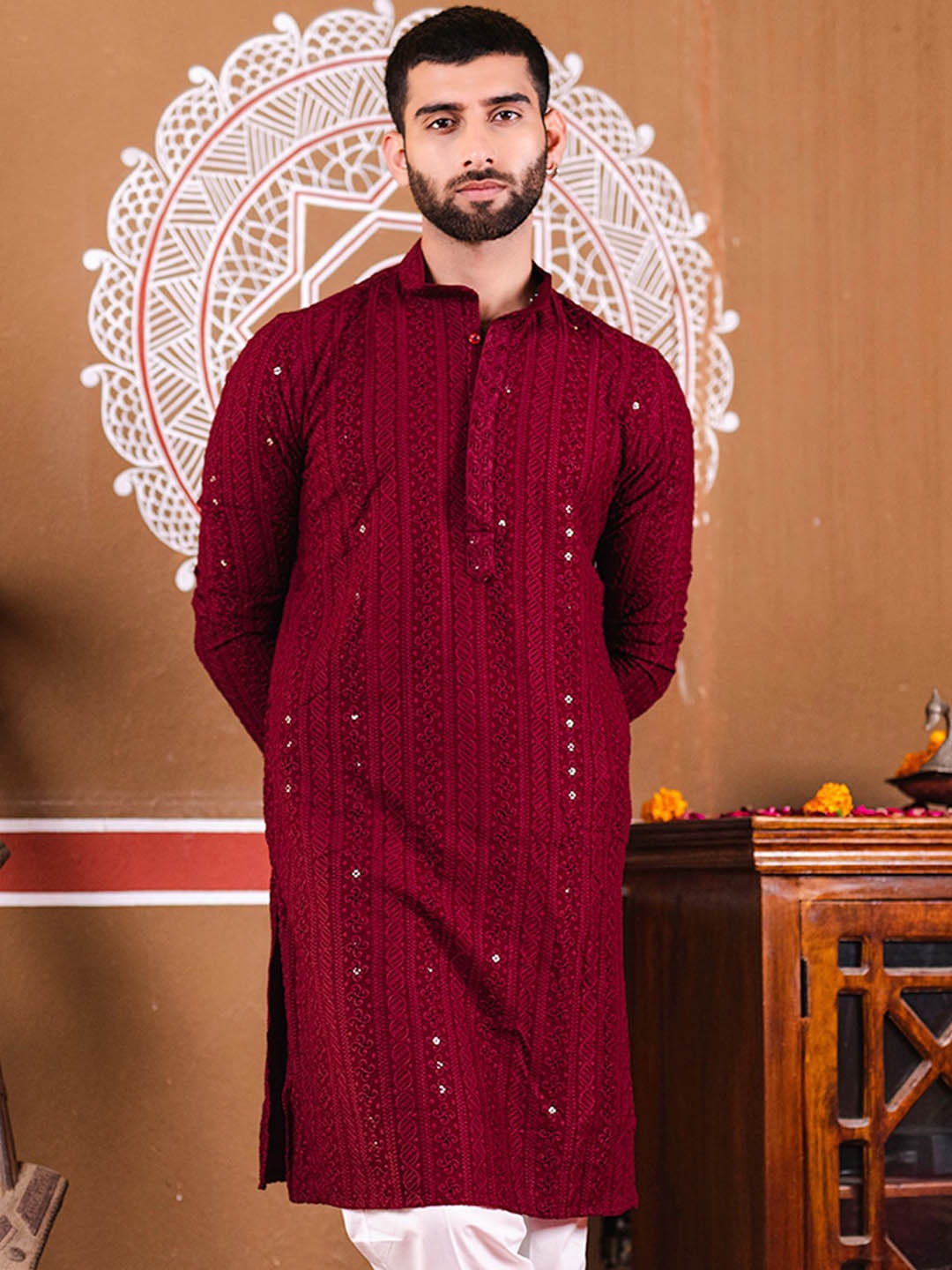 

Tistabene Ethnic Motifs Chikankari Embroidered Long Sleeve Sequins Cotton Kurta, Maroon
