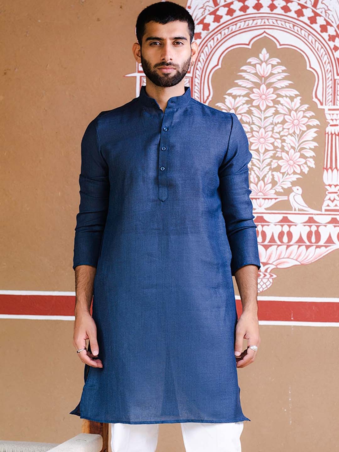 

Tistabene Mandarin Collar Straight Linen Kurta, Blue