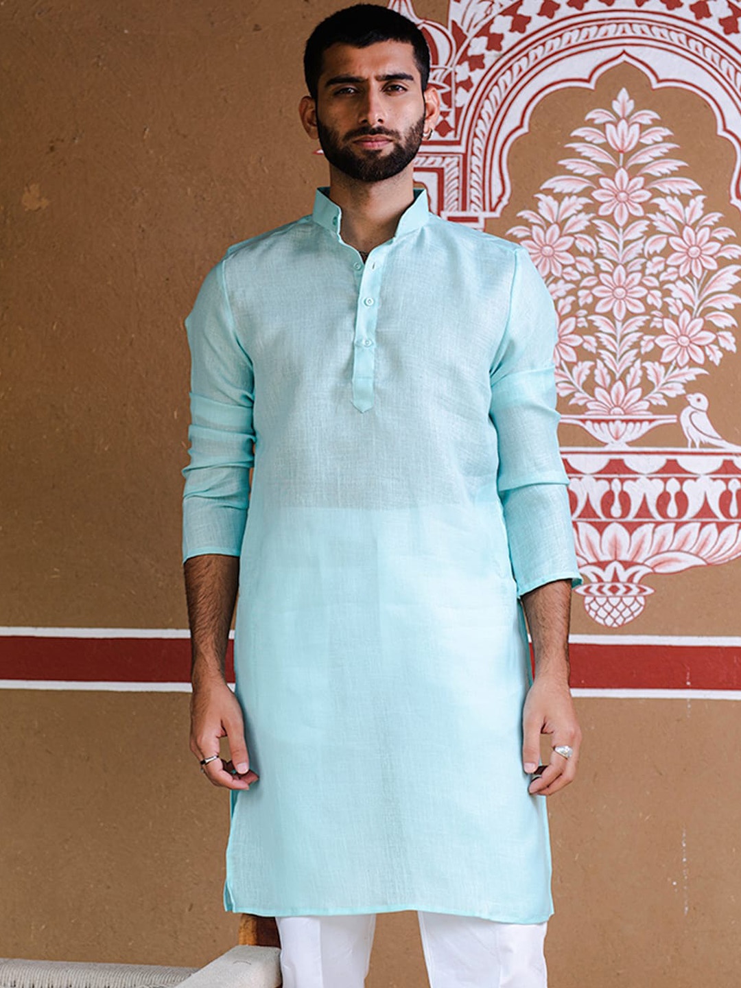 

Tistabene Band Collar Linen Straight Kurta, Blue