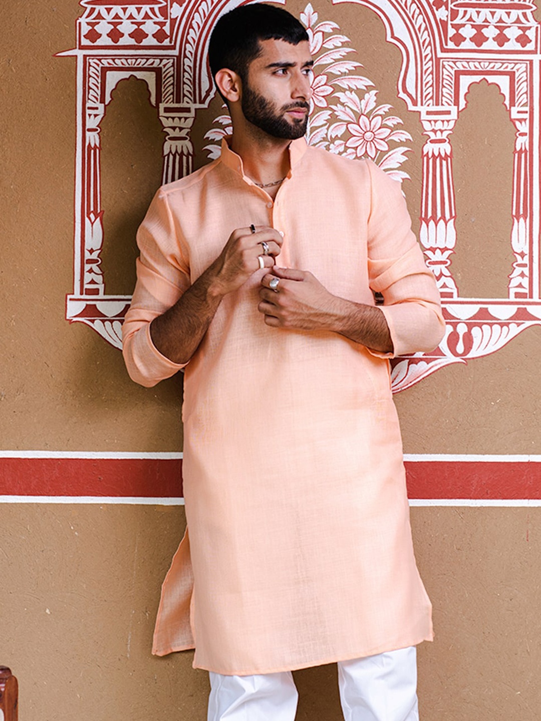 

Tistabene Mandarin Collar Jacquard Linen Straight Kurta, Pink