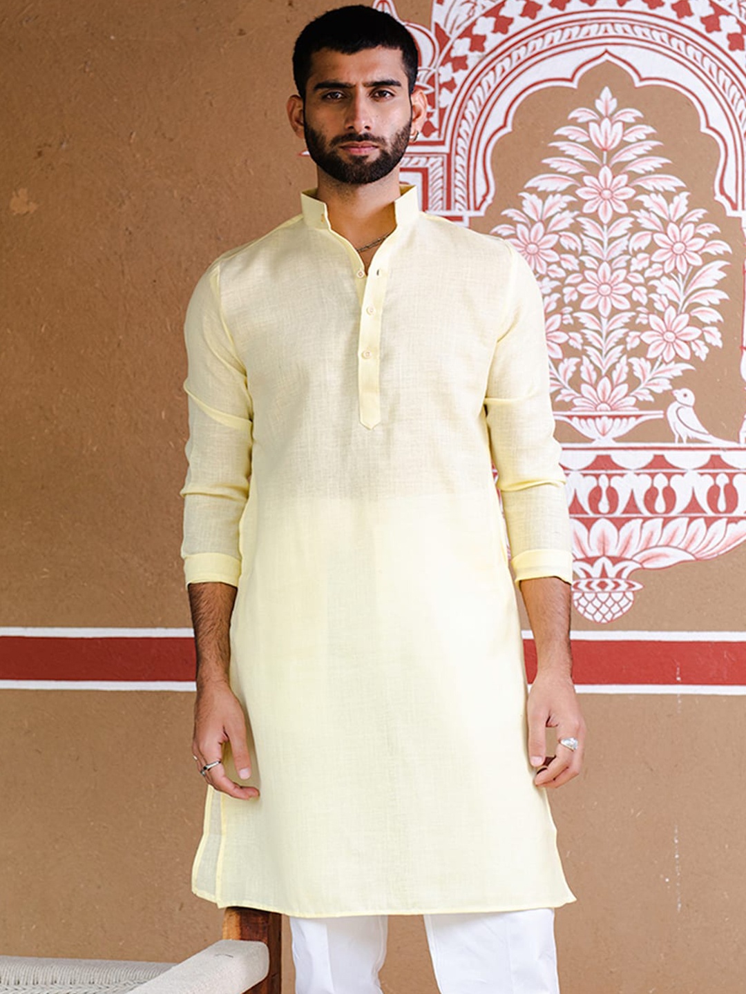 

Tistabene Mandarin Collar Long Sleeves Jacquard Straight Kurta, Yellow