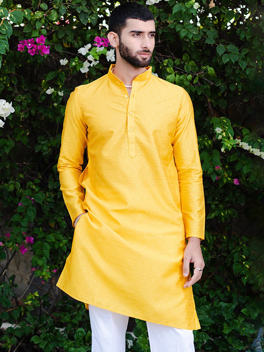 

Tistabene Floral Woven Design Band Collar Jacquard Kurta, Yellow