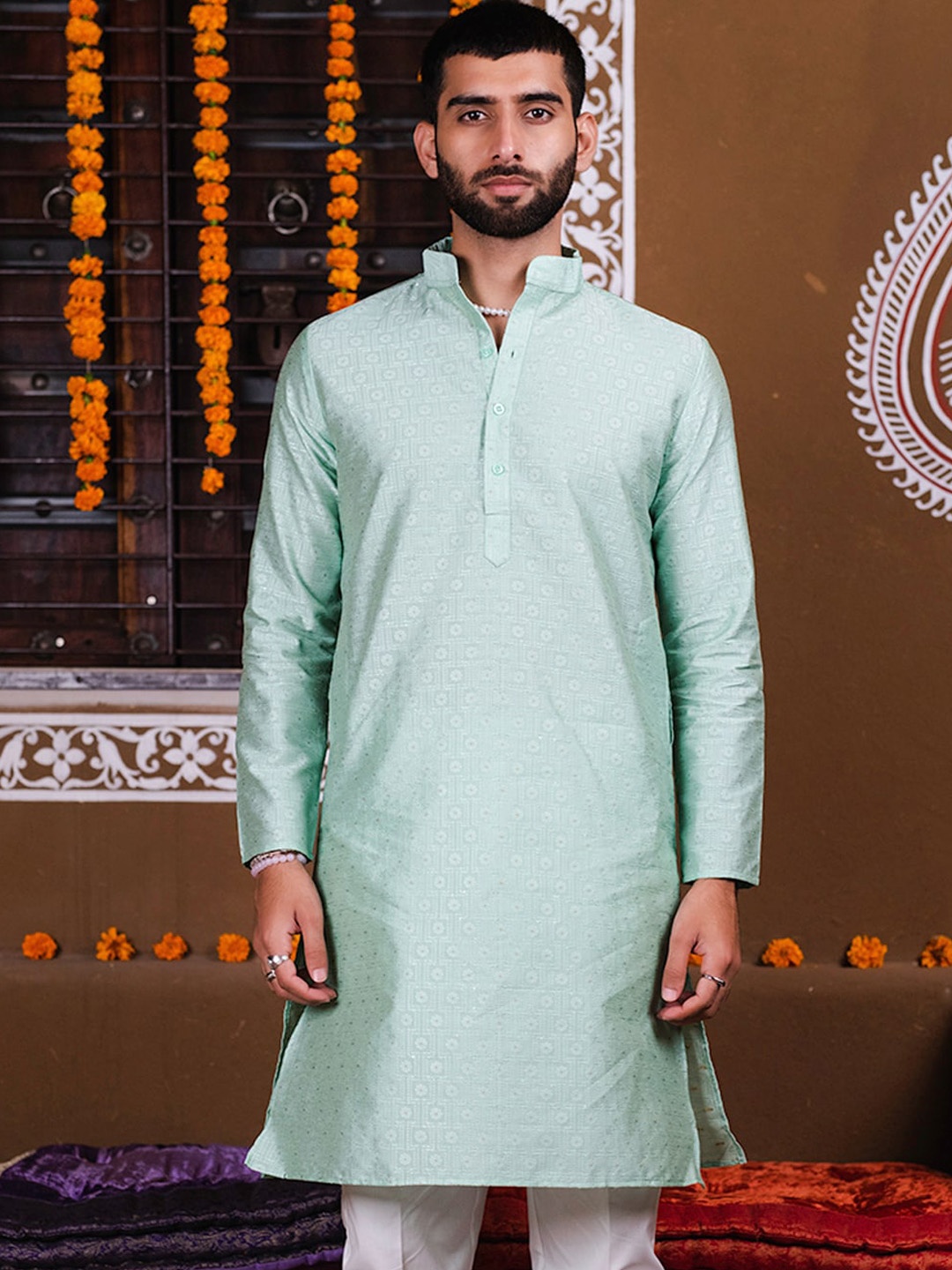 

Tistabene Mandarin Collar Embroidered Jacquard Straight Kurta, Green