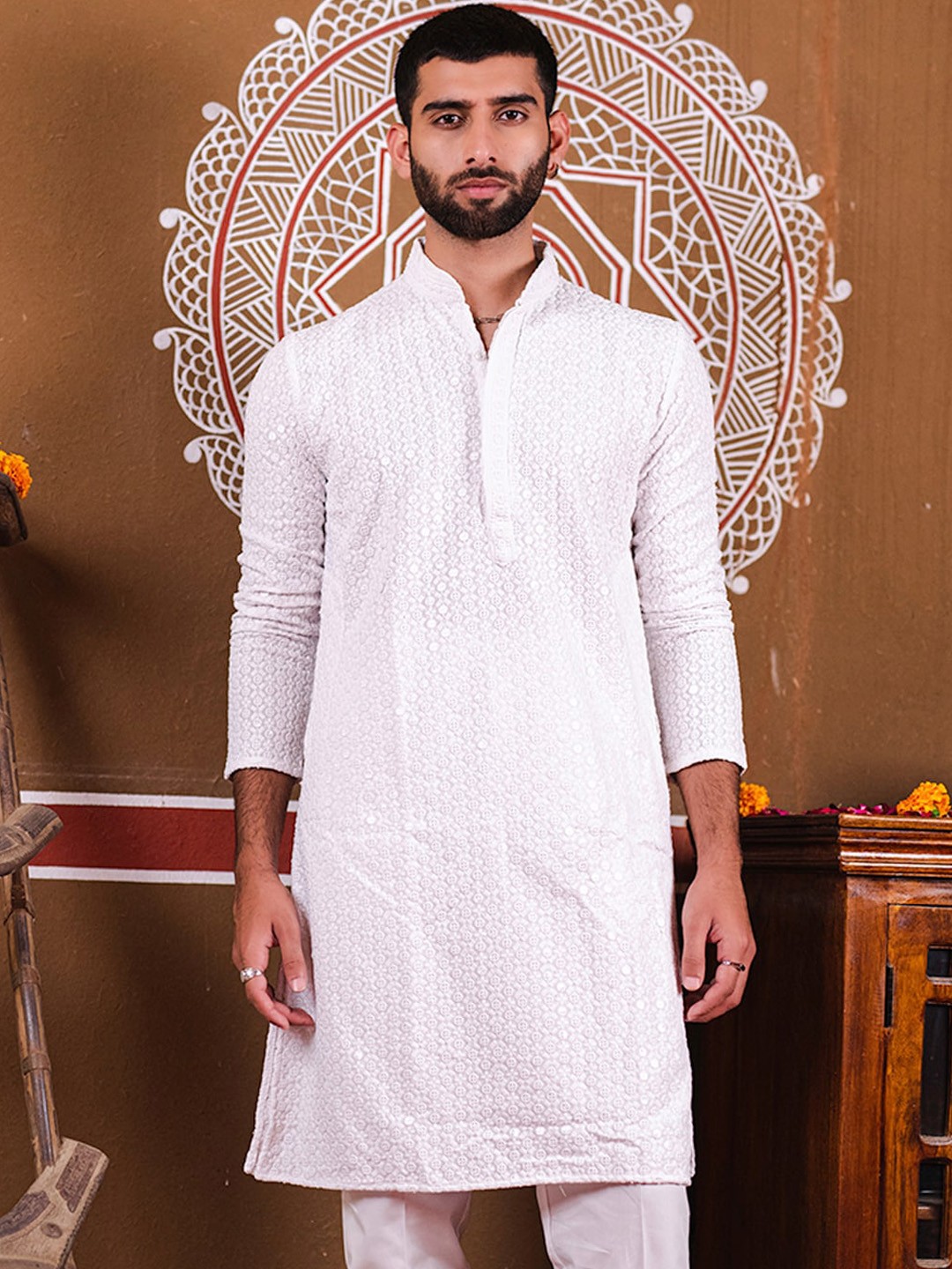 

Tistabene Floral Embellished Sequence Mandarin Collar Straight Kurta, White