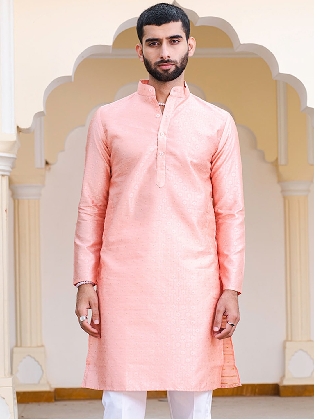 

Tistabene Ethnic Motifs Woven Designed Band Collar Regular Jacquard Straight Kurta, Pink
