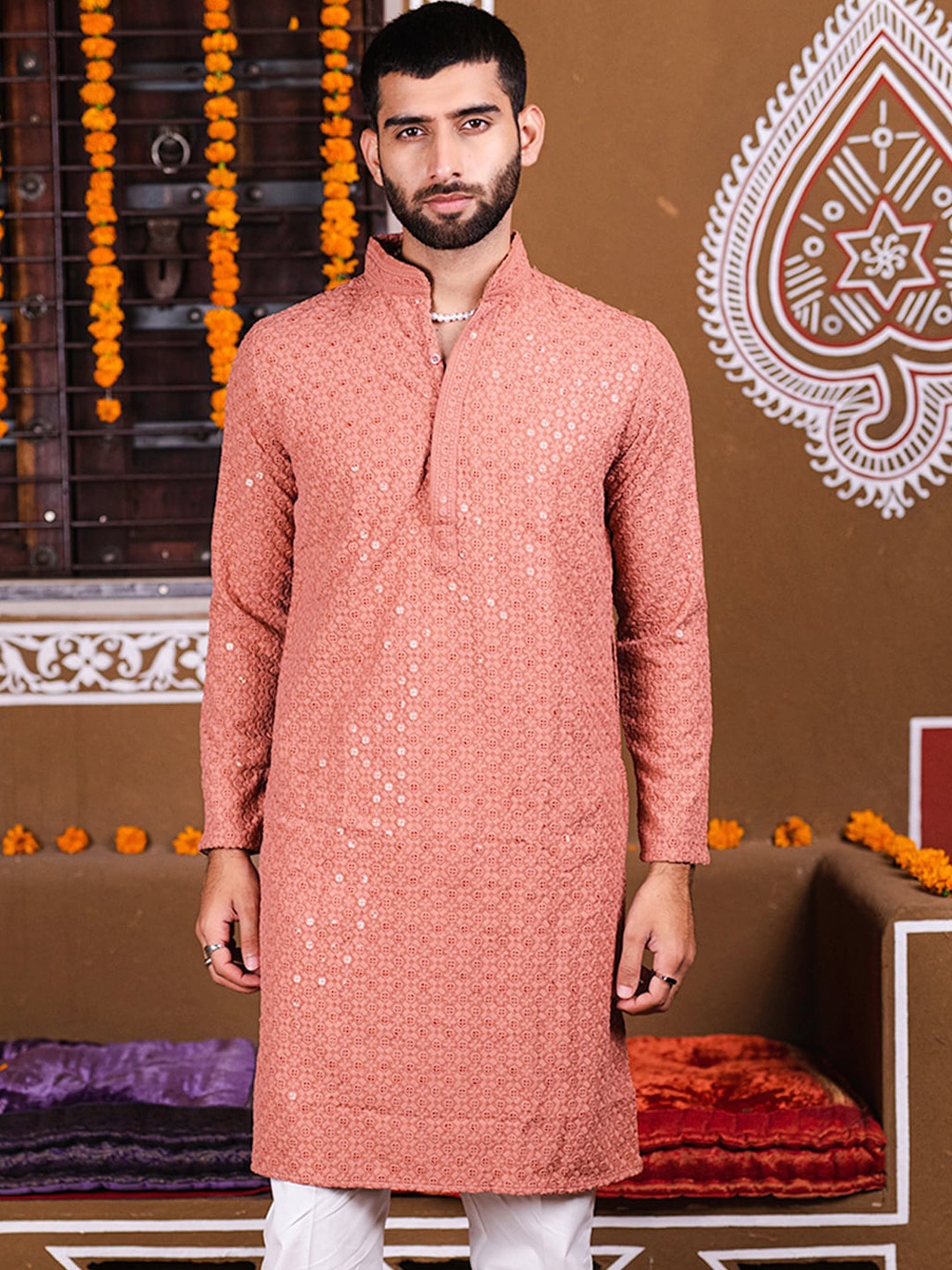 

Tistabene Ethnic Motifs Embroidered Mandarin Collar Jacquard Straight Kurta, Pink