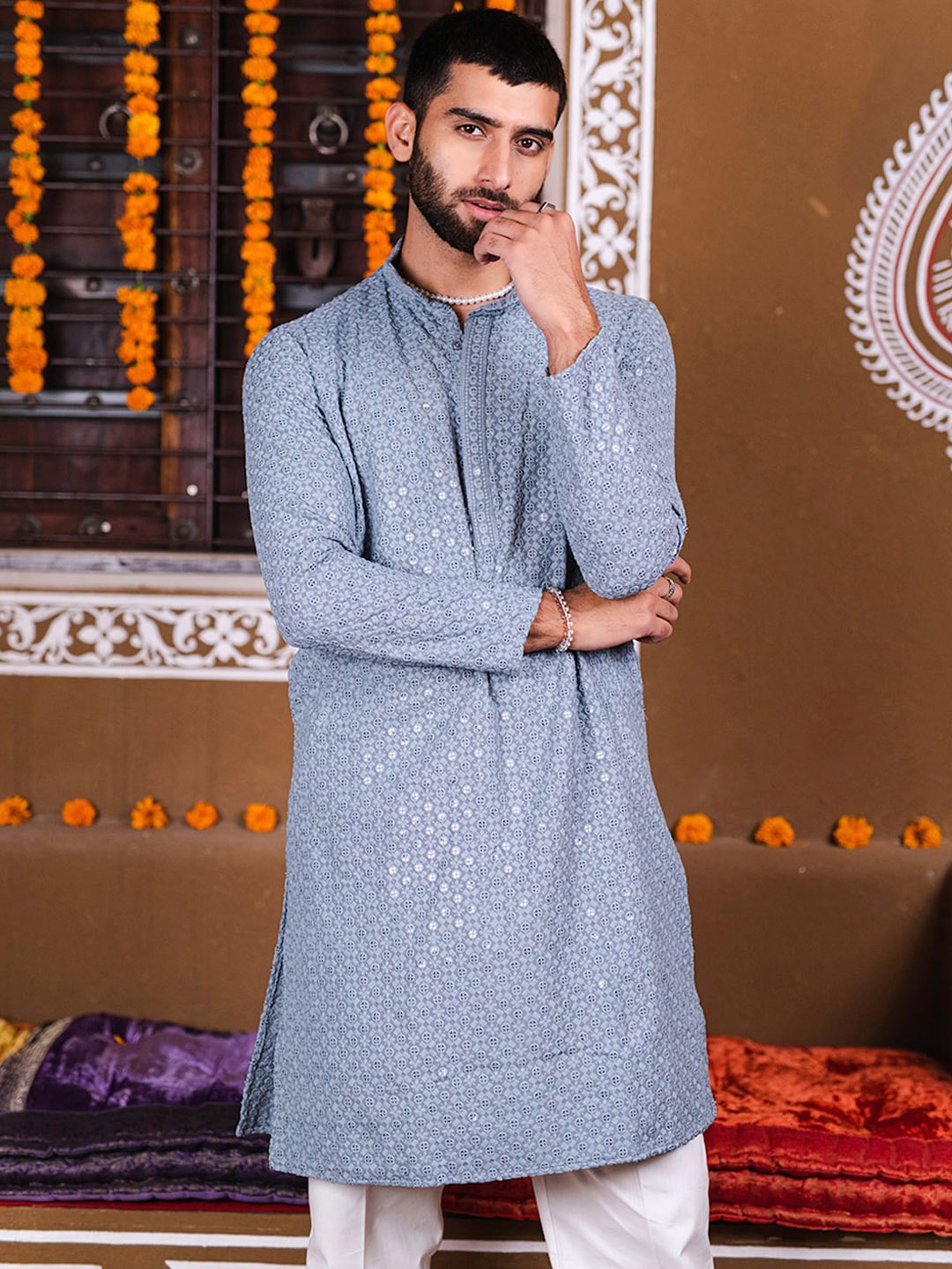 

Tistabene Sequin Embellished Mandarin Collar Straight Kurta, Grey