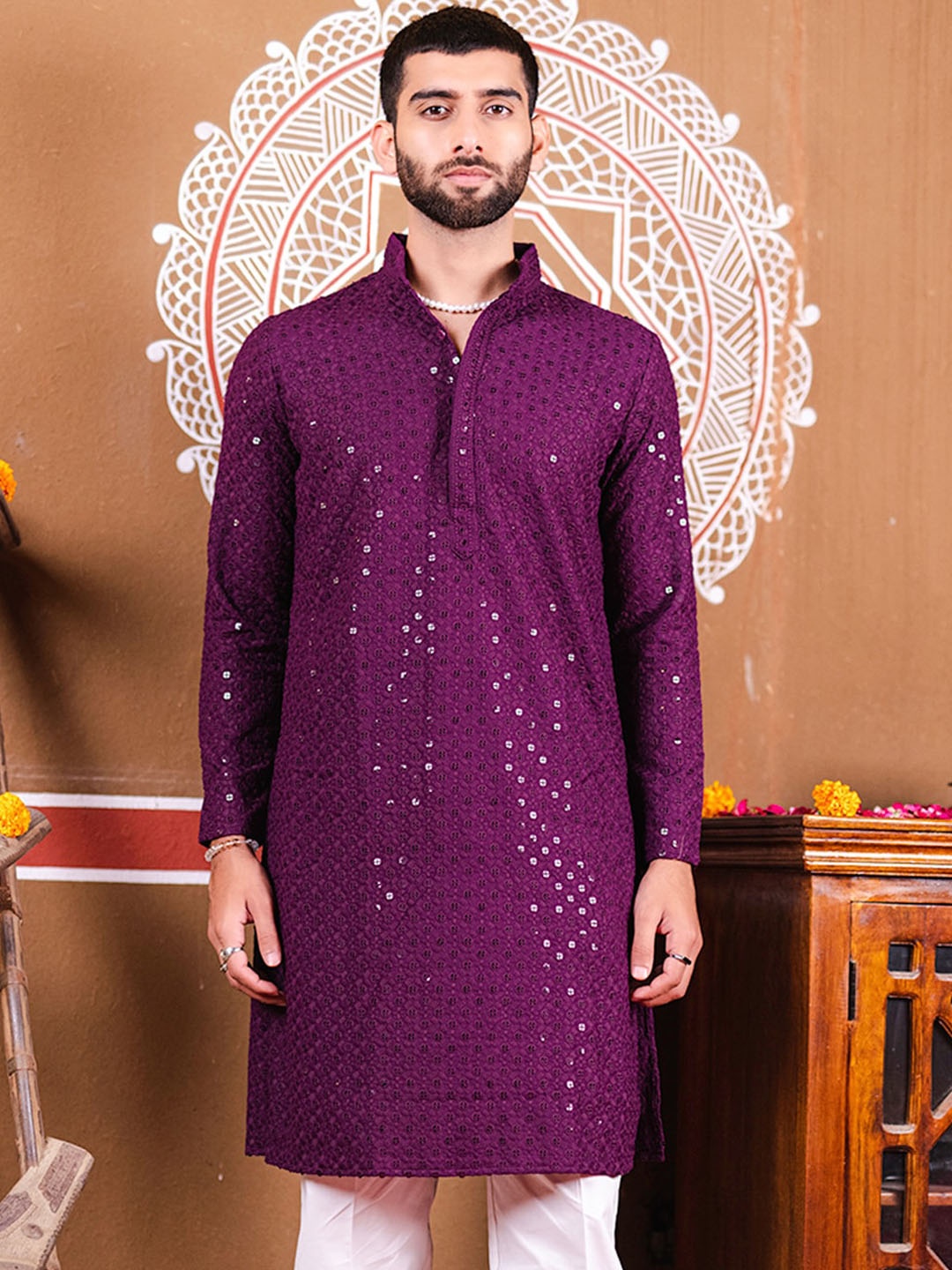 

Tistabene Sequin Embellished Mandarin Collar Straight Kurta, Purple