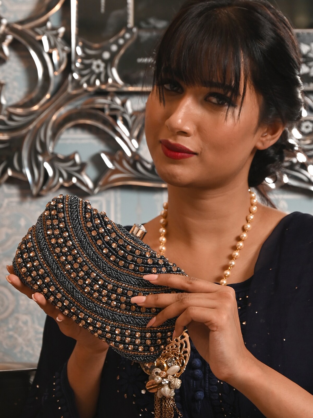

ODETTE Embellished Beaded Fashion Clutch, Navy blue