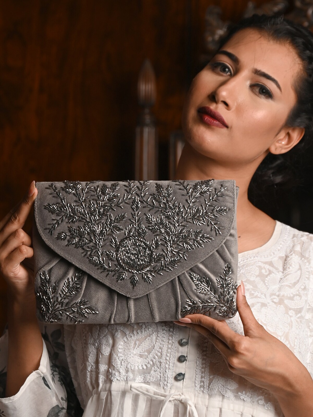 

ODETTE Embellished Cut Beads Purse Clutch, Grey