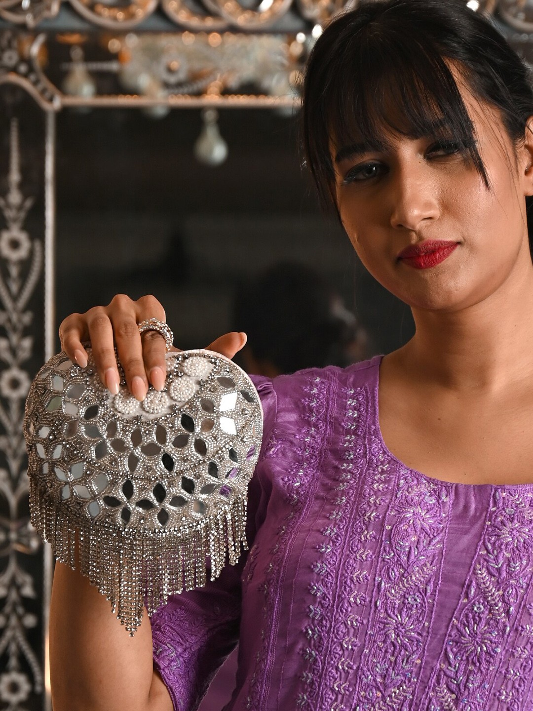 

ODETTE Embellished Mirror Work Heart-Shaped Fashion Clutch, White