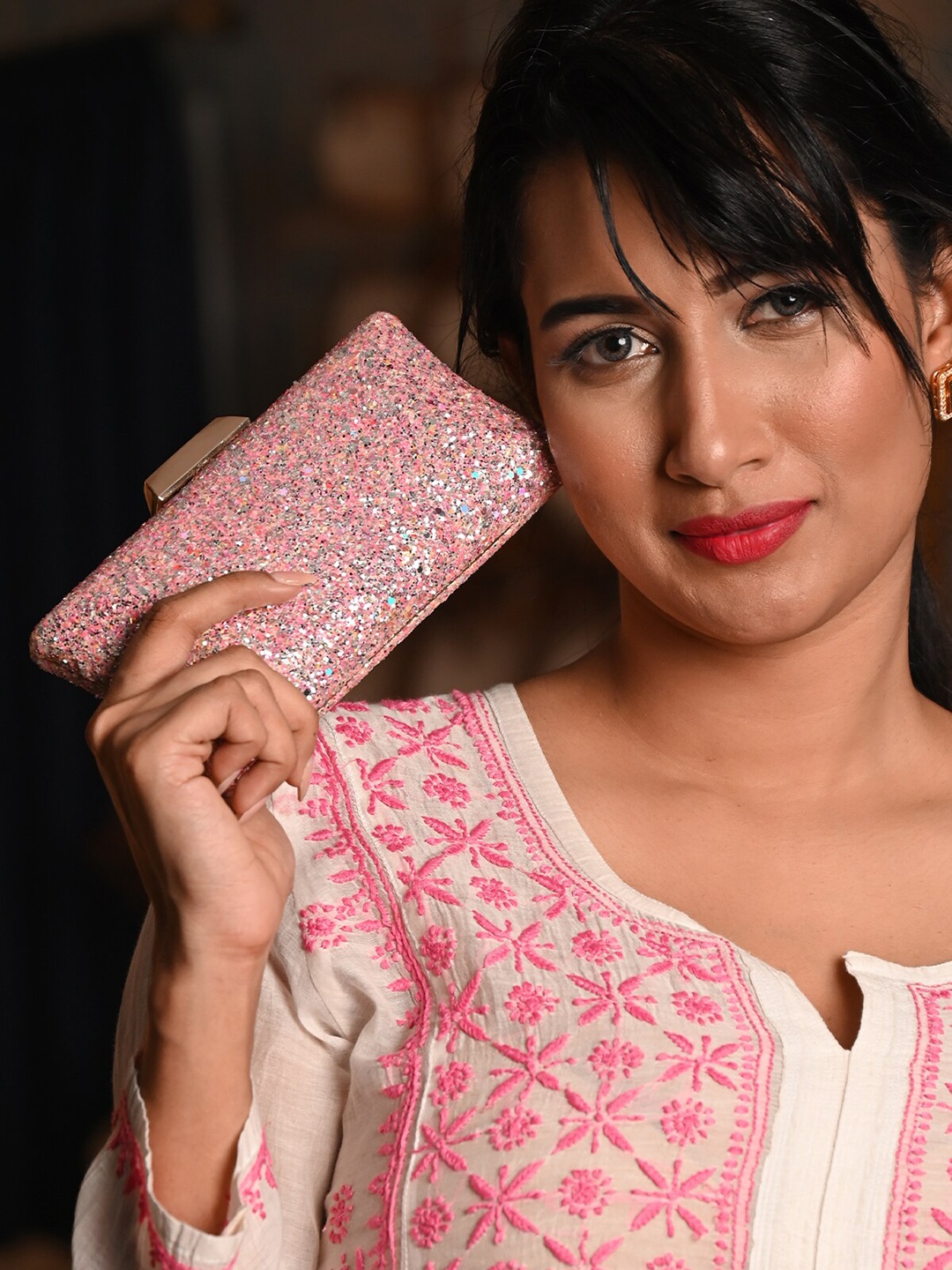 

ODETTE Embellished Glitter Box Clutch, Pink