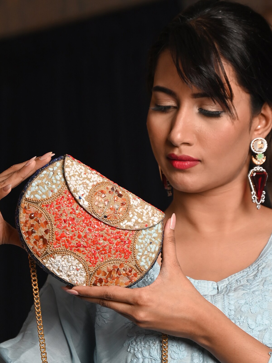 

ODETTE Embellished Fashion Half Moon Clutch, Red