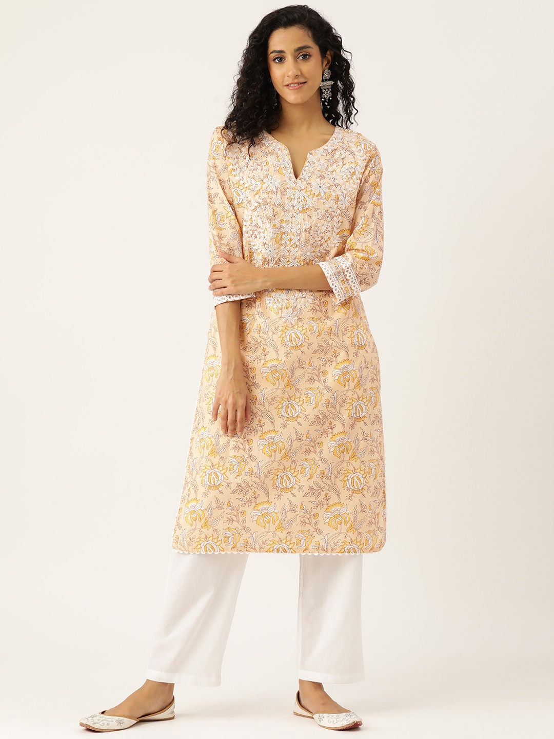 

MISRI Floral Printed Regular Thread Work Pure Cotton Kurta with Trousers, Beige