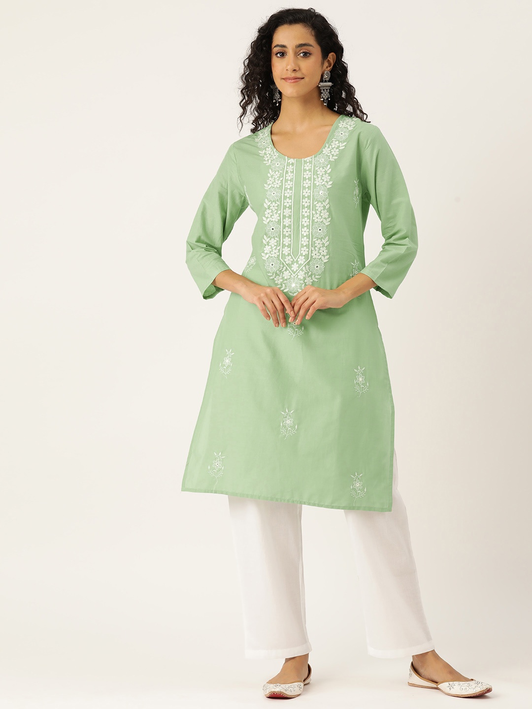 

MISRI Floral Embroidered Sequinned Pure Cotton Kurta with Trousers, Green