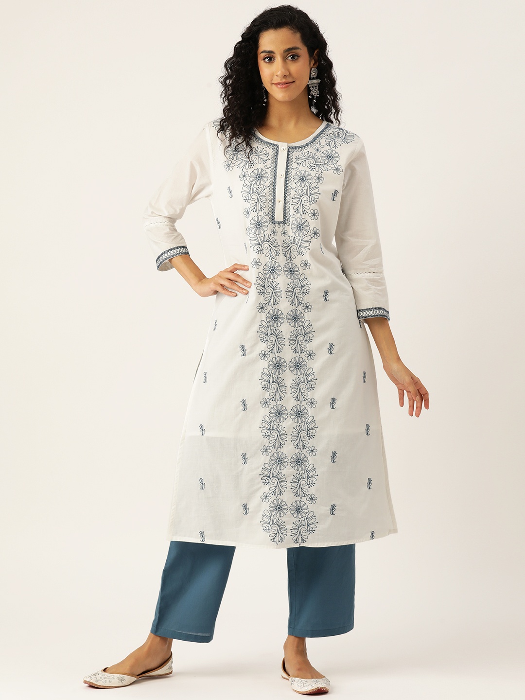 

MISRI Floral Embroidered Regular Sequinned Pure Cotton Kurta with Trousers, White