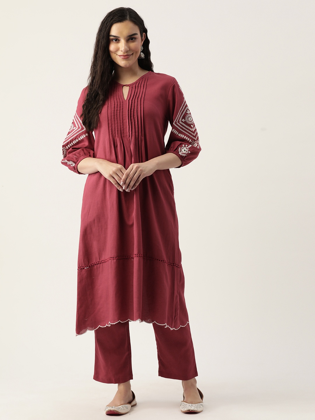 

MISRI Women Ethnic Motifs Embroidered Pleated Kurta with Palazzos, Maroon