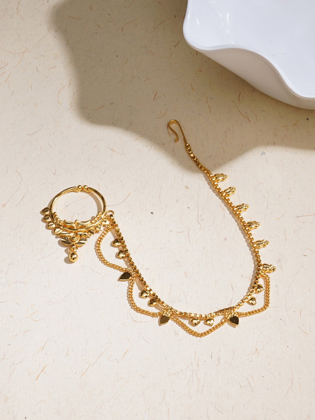 

Ruby Raang Gold-Plated Textured Nosepin With Beaded Extension
