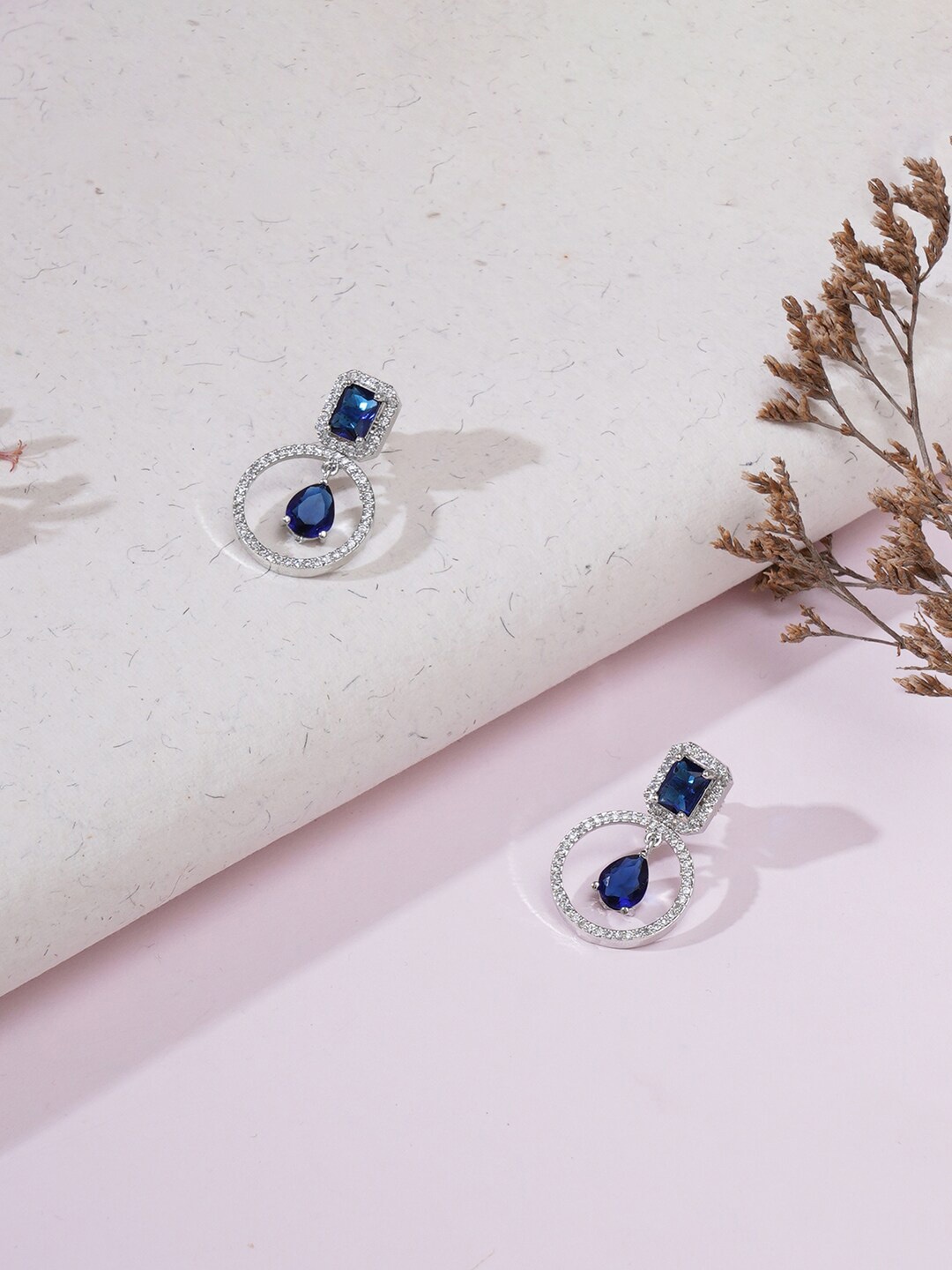 

Ruby Raang Silver-Plated Kundan Studded Contemporary Drop Earrings, Blue