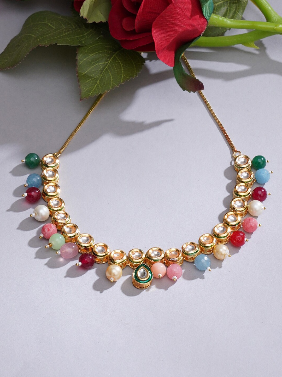 

Ruby Raang Gold-Plated Kundan Stone-Studded & Beaded Choker Necklace