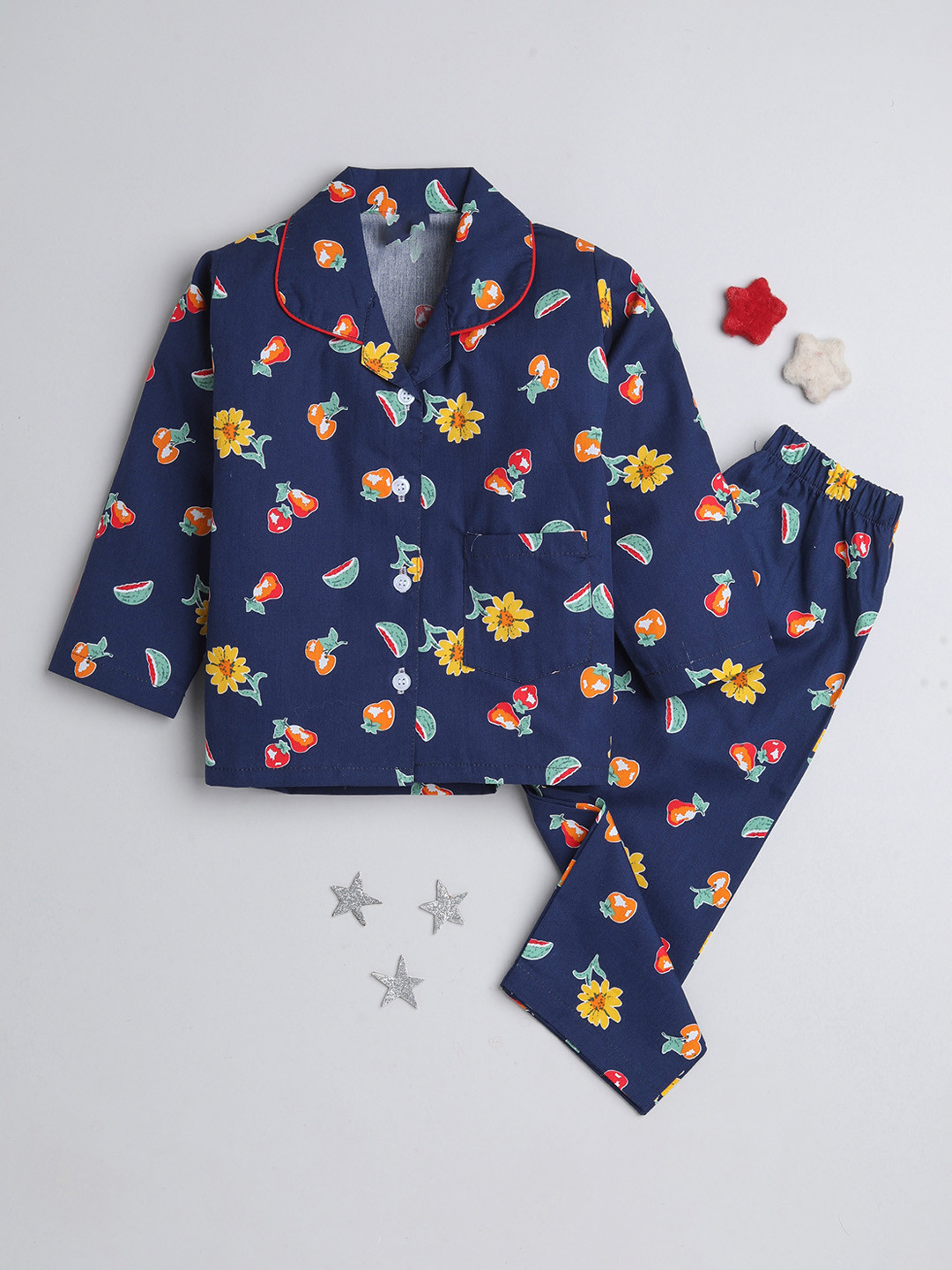 

The Magic Wand Kids Floral Printed Pure Cotton Night suit, Navy blue