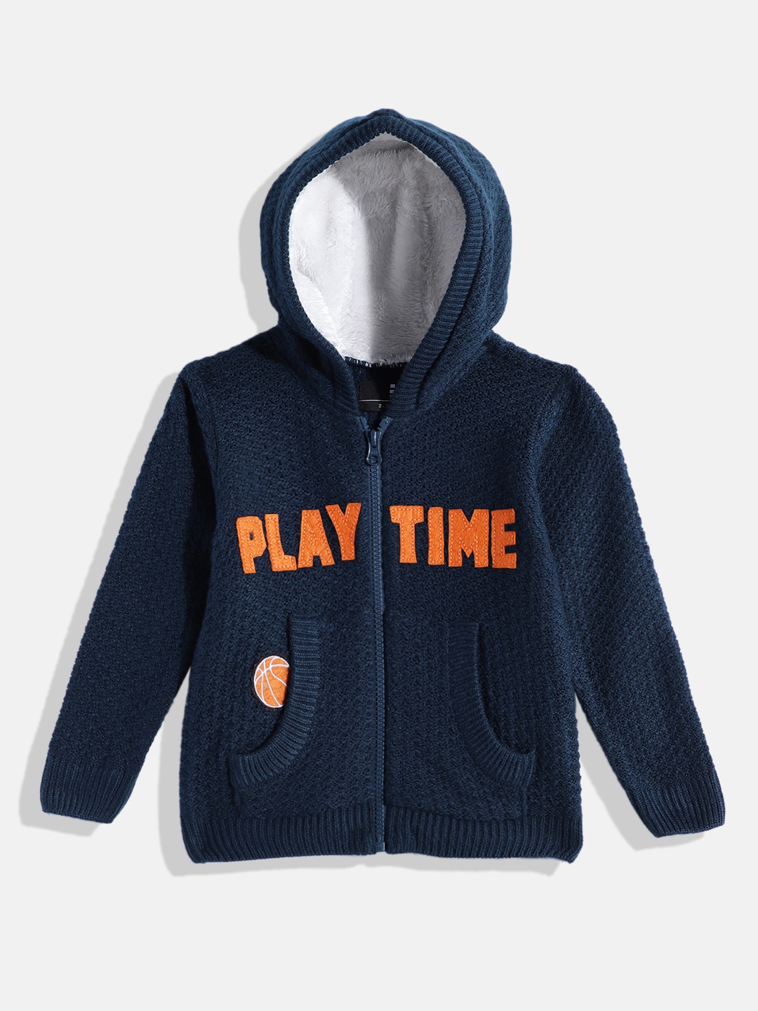 

HERE&NOW Boys Self Design Applique Acrylic Hooded Sweatshirt, Navy blue