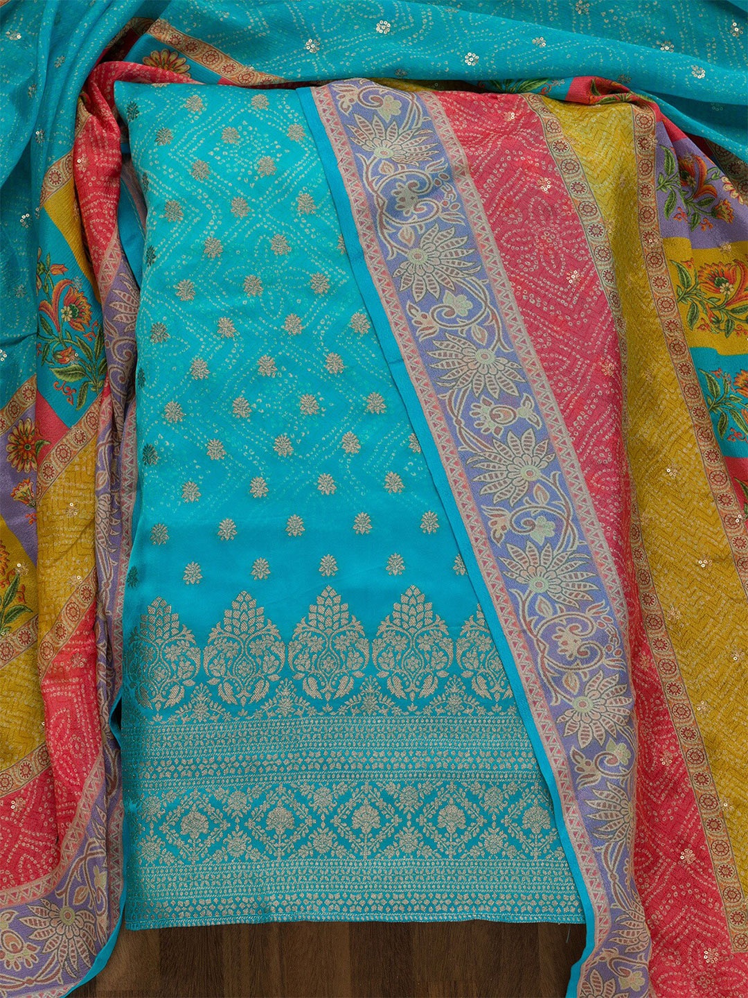 

Koskii Bandhani Printed Zari Pure Cotton Unstitched Dress Material, Blue