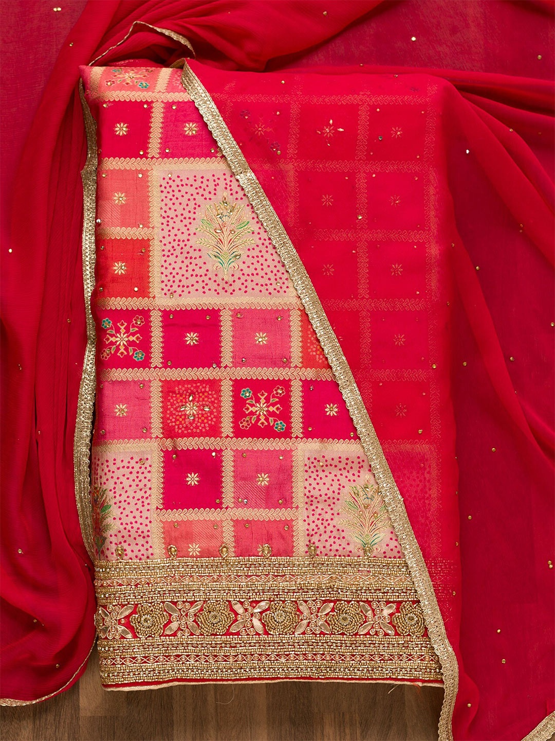 

Koskii Ethnic Motifs Printed Sequined Unstitched Dress Material, Pink