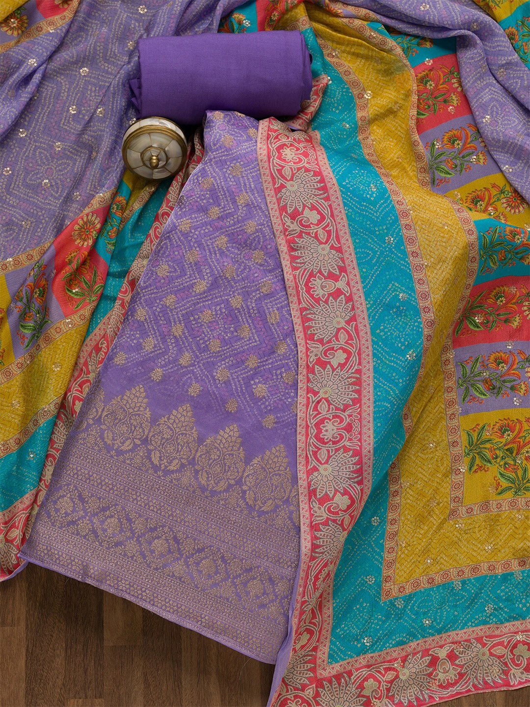 

Koskii PEthnic Motifs Printed Unstitched Pure Cotton Dress Material, Purple