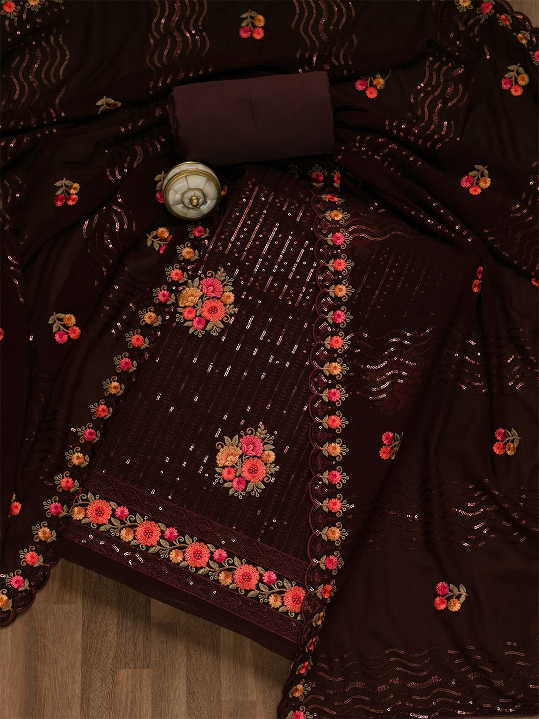 

Koskii Floral Embroidered Sequinned Unstitched Dress Material, Maroon