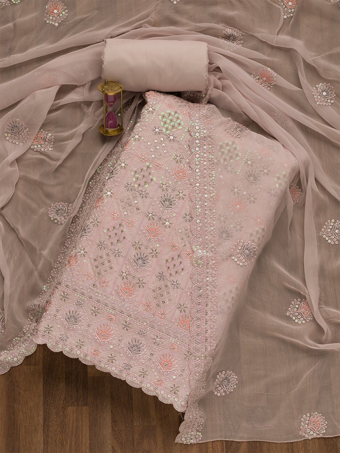 

Koskii Ethnic Motifs Embroidered Sequined Unstitched Dress Material, Grey