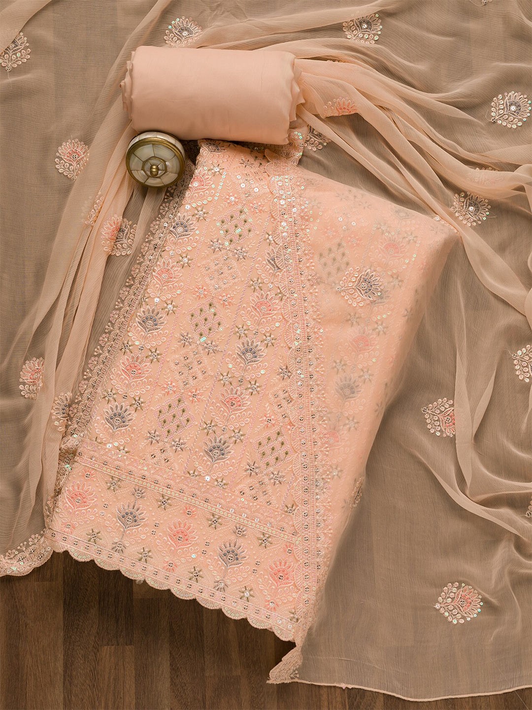 

Koskii Floral Embroidered Sequinned Unstitched Dress Material, Peach