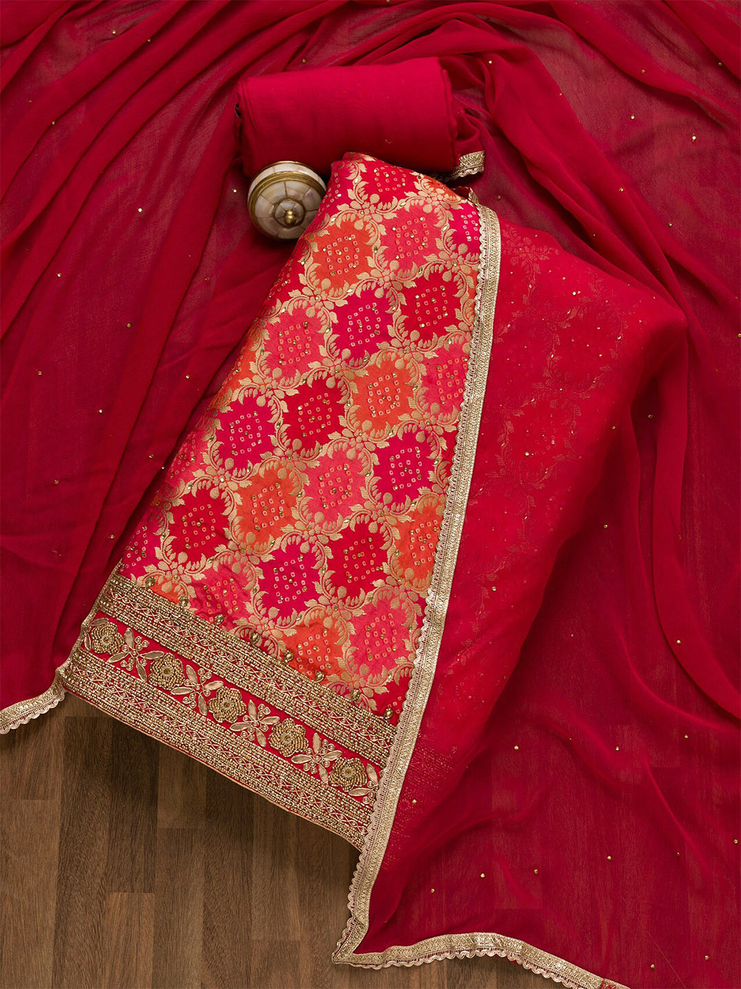 

Koskii Ethnic Motifs Embroidered Velvet Unstitched Dress Material, Red
