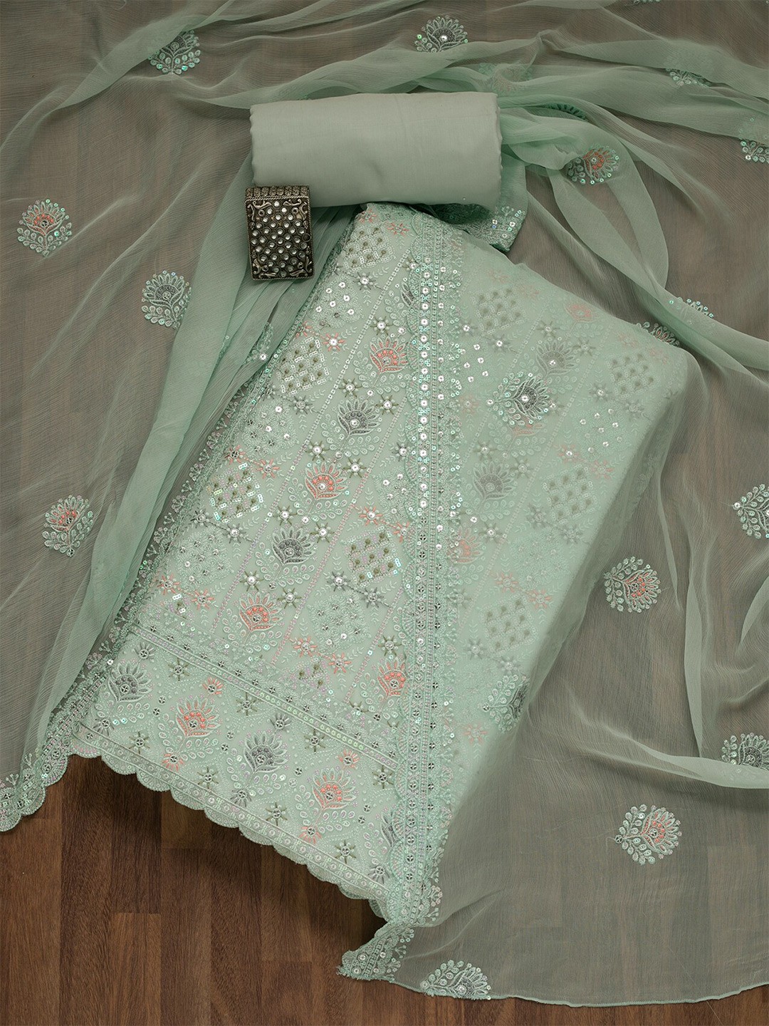 

Koskii Floral Embroidered Sequinned Unstitched Dress Material, Sea green