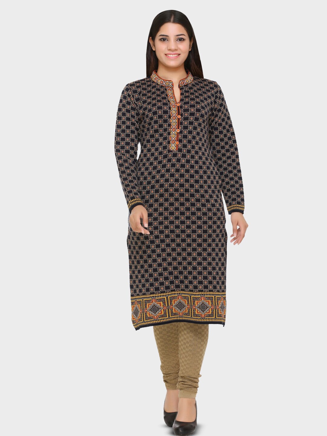 

aarbee Ethnic Motifs Printed Acrylic Straight Kurta, Navy blue