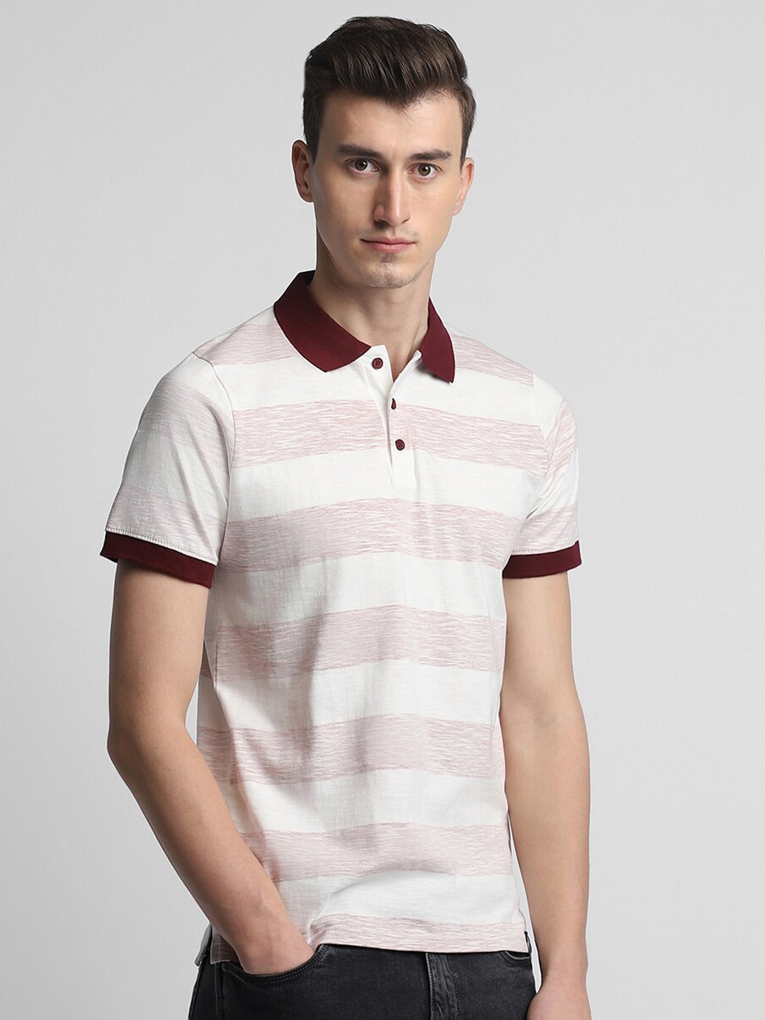 

Dennis Lingo Striped Polo Collar Slim Fit Cotton T-shirt, Pink