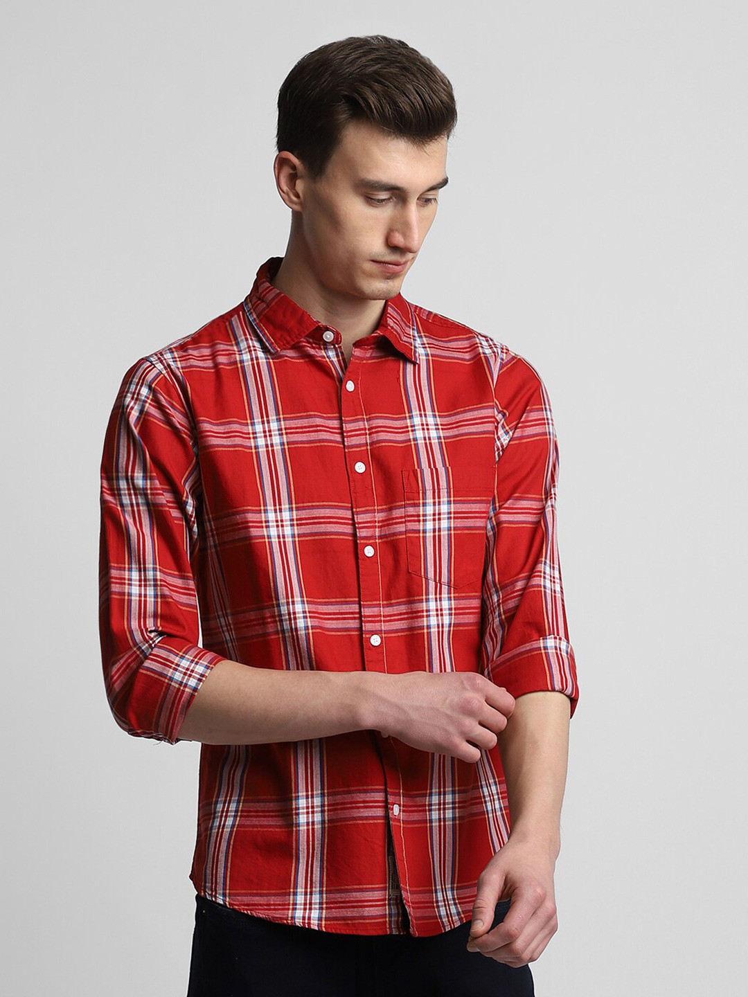 

Dennis Lingo Classic Slim Fit Tartan Checked Pure Cotton Casual Shirt, Red