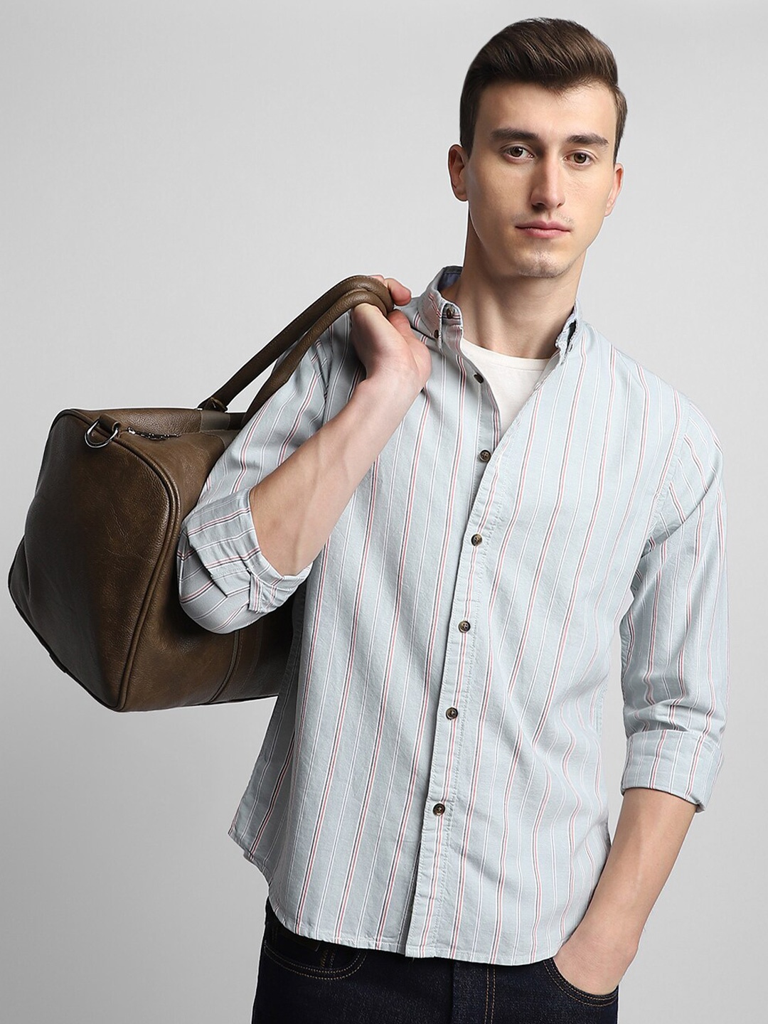 

Dennis Lingo Classic Slim Fit Striped Pure Cotton Casual Shirt, Grey