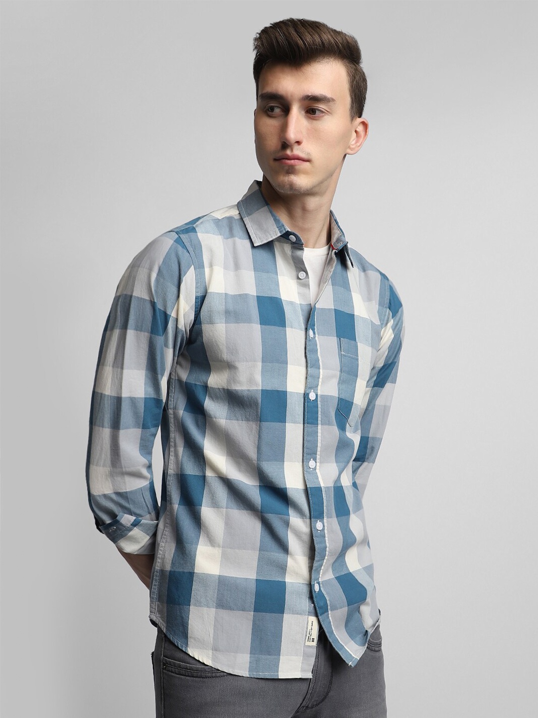

Dennis Lingo Classic Slim Fit Tartan Checked Pure Cotton Casual Shirt, Blue