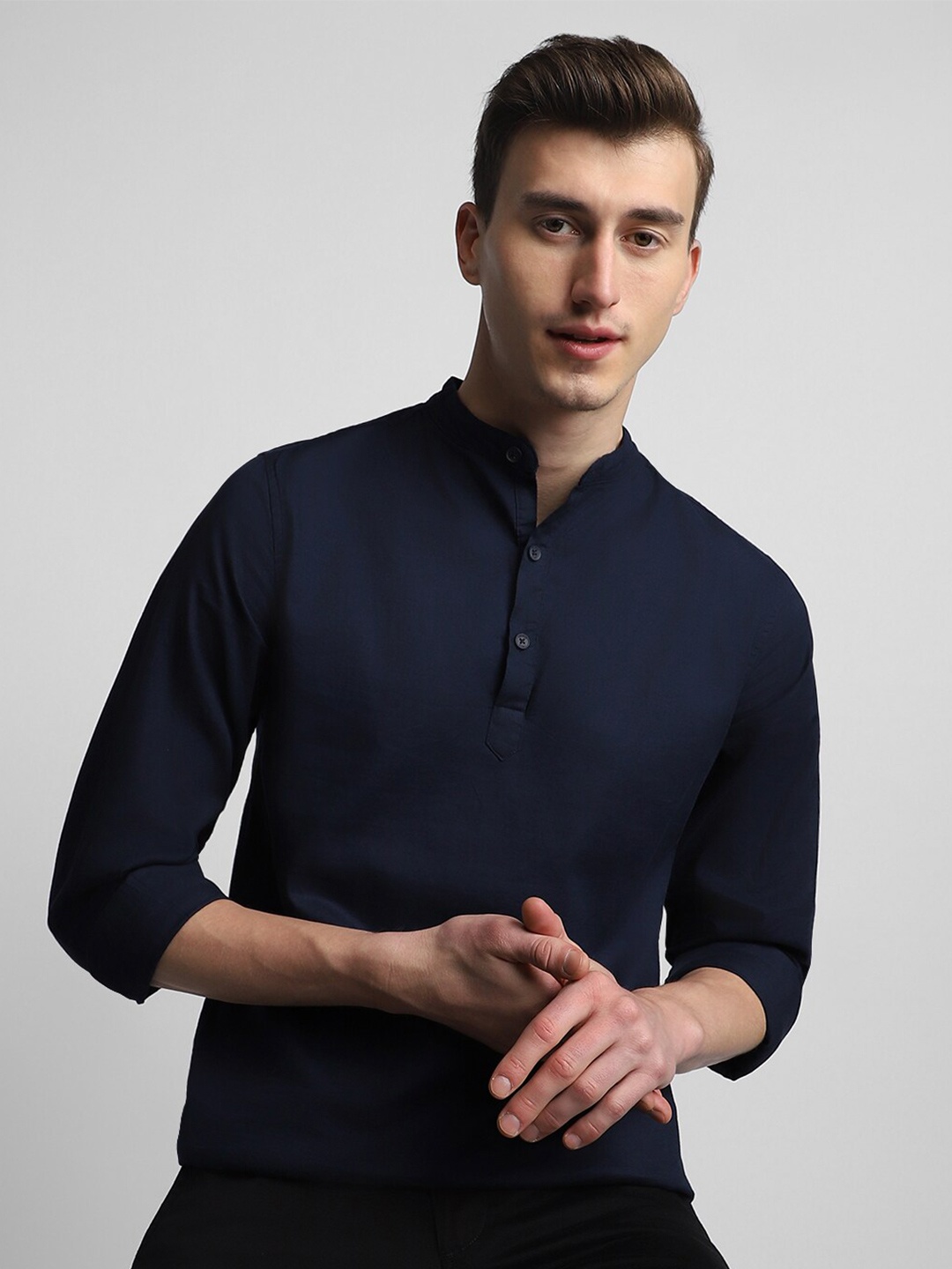 

Dennis Lingo Classic Slim Fit Band Collar Pure Cotton Casual Shirt, Navy blue