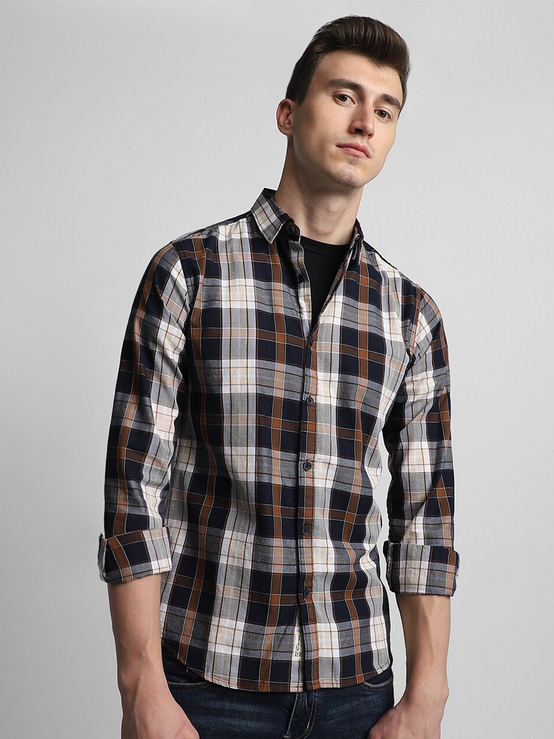 

Dennis Lingo Classic Slim Fit Tartan Checked Pure Cotton Casual Shirt, Navy blue