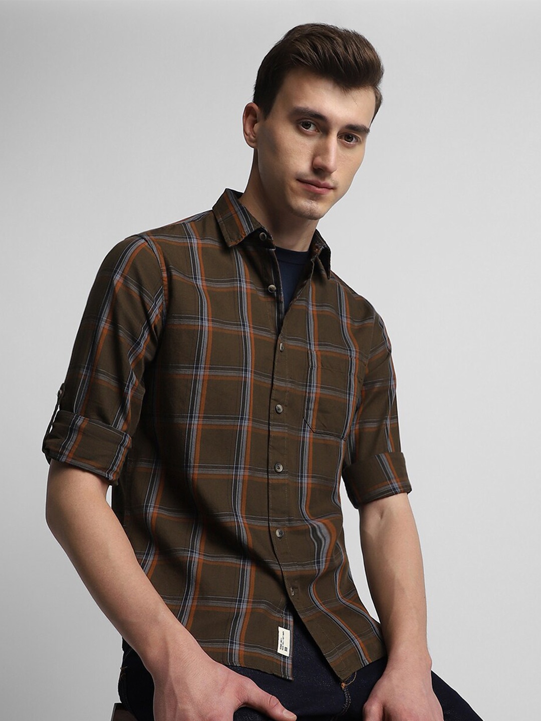 

Dennis Lingo Classic Slim Fit Windowpane Checked Pure Cotton Casual Shirt, Olive