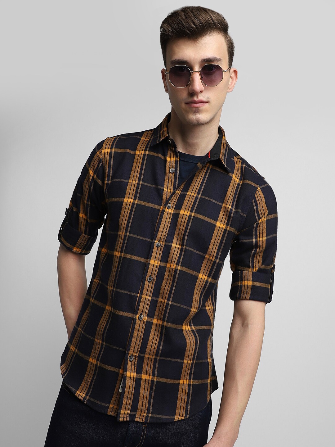 

Dennis Lingo Classic Slim Fit Tartan Checked Pure Cotton Casual Shirt, Navy blue